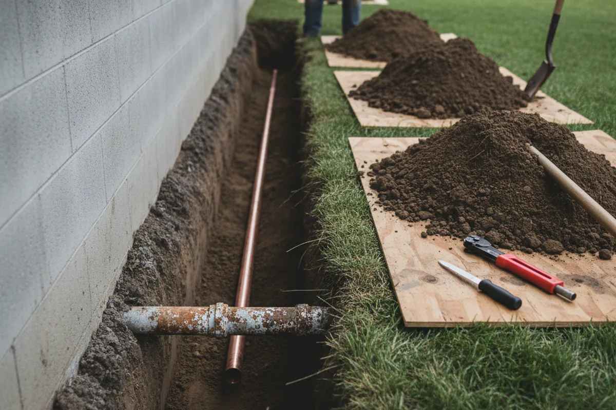 Excavated water line trench during Sewer Line Repair in Turner